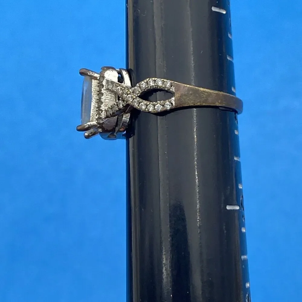 Large Emerald Cut Clear CZ Halo Infinity Ring Size 8 S925 Marked Costume Jewelry